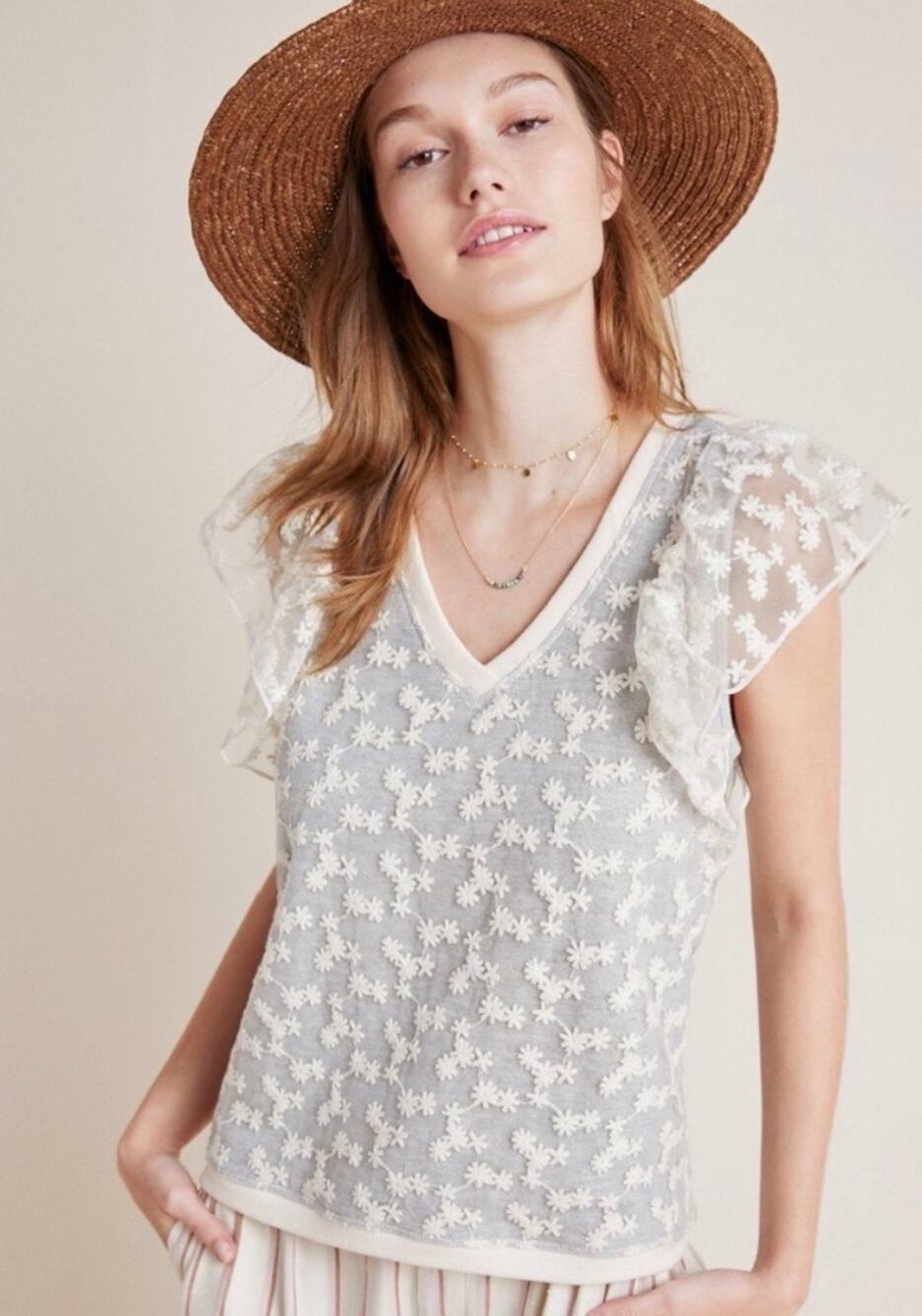 AMADI x ANTHROPOLOGIE Applique Floral Flutter Sleeve Blouse in Gray Cream